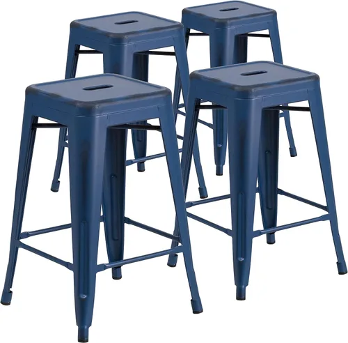 Miniatura 15 de Taburete de 24 pulgadas de alto para interior y exterior con asiento cuadrado., Metal, Negro