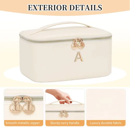 Miniatura 5 de OCHEAL Bolsa de maquillaje personalizada, bolsa de maquillaje beige para mujer, kit de aseo de viaje con monograma, organizador de cosméticos listo