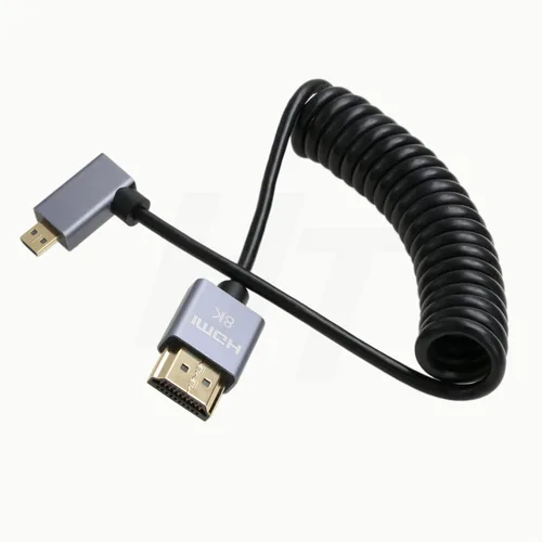 Micro HDMI a ángulo recto HDMI 4K 8K Cable en espiral para Sony A6400 A7R Canon R5 R7 GH4 S5 Z50 Cámara ATOMOS Ninja V Portkeys Monitor Tipo A D