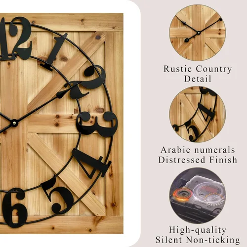 Miniatura 4 de EMAX HOME Reloj de pared grande estilo casa de campo, reloj de madera rústico cuadrado marrón de 24 pulgadas con letrero decorativo de madera