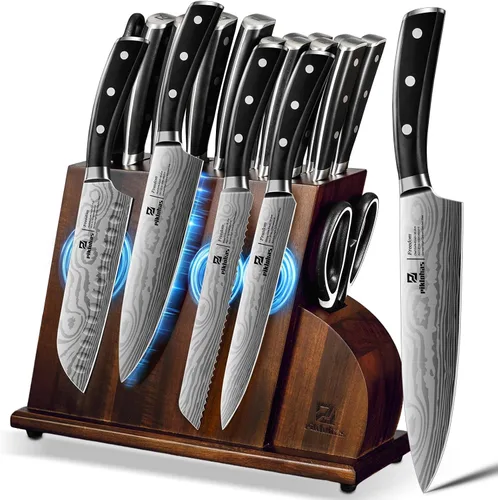 Juego de cuchillos magnéticos de 15 piezas para cocina con bloque, juego de cuchillos de cocina hechos de acero inoxidable alemán de alto carbono