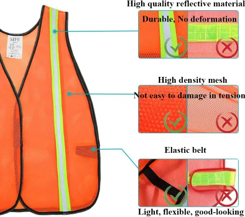 Miniatura 3 de SIFE Paquete de 10 chalecos de seguridad reflectantes de alta visibilidad, hechos de tela de malla transpirable y naranja neón con diseño elástico