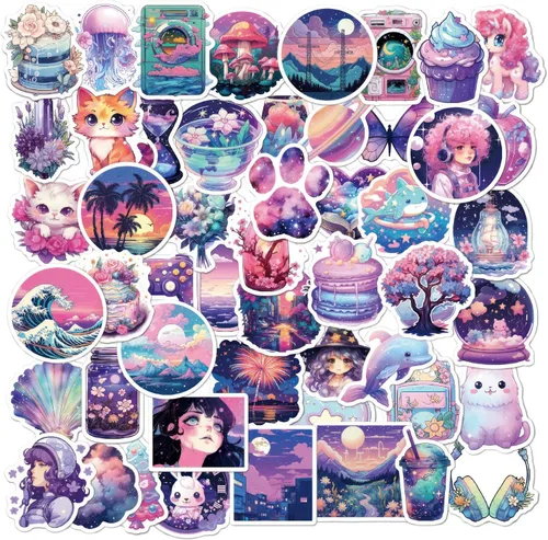 50 calcomanías de fantasía mágica de medianoche – Calcomanías Kawaii para botellas de agua para niños y adolescentes – Púrpura, estética y bonita –