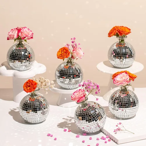 Miniatura 7 de 6 piezas de jarrón de bola de discoteca para centros de mesa, decoración de bola de discoteca, florero con espejo plateado para bodas, cumpleaños