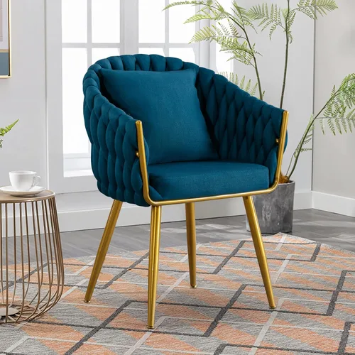 Miniatura 9 de BOSMILLER Sillas de comedor tejidas, modernas sillas de comedor con patas antideslizantes de metal dorado, respaldo alto curvado, silla de comedor