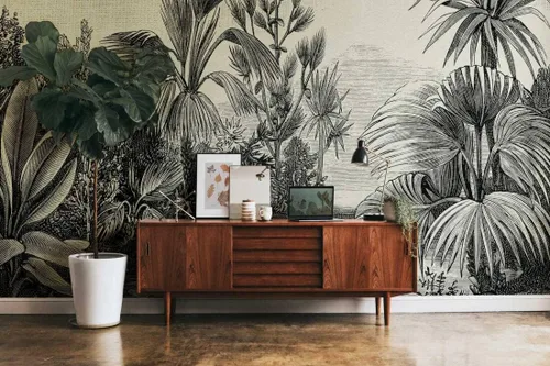 Miniatura 3 de CONCORD WALLCOVERINGS ™ Papel tapiz floral para dormitorio, hojas tropicales, crema negra, 146 pulgadas de ancho x 110 pulgadas de alto, 7 partes