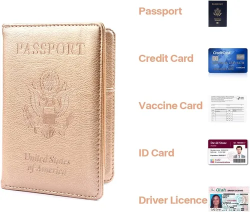 Miniatura 6 de Soporte para pasaporte y tarjetero de vacuna, cartera para pasaporte, funda para pasaporte con bloqueo RFID, Oro Rosa, Compacto