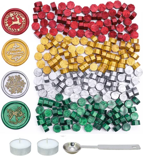 SWANGSA Kit de 360 cuentas de cera de sellado doradas, rojas, verdes, plateadas, con 2 velas de té y 1 cuchara de cera para sello de cera (cera de