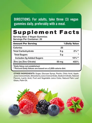 Miniatura 2 de Nature's Truth Gomitas de zinc para adultos 50 mg 60 unidades Suplemento extra fuerte vegano, sin OMG y sin gluten Sabor mixto de bayas