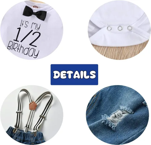 Miniatura 12 de Conjunto de ropa de cumpleaños para bebé niño pequeño, con tirantes, pantalones de mezclilla rasgados
