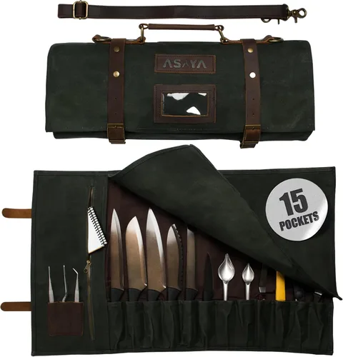 Asaya Bolsa de lona encerada para cuchillos – Bolsa para cuchillos de chef de 15 ranuras con correas de cuero, bolsillo grande con cremallera y Verde
