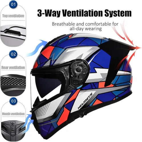 Miniatura 3 de Casco modular de motocicleta con Bluetooth abatible de cara completa aprobado por DOT FMVSS-218 con doble visera, multiventilación, diseño