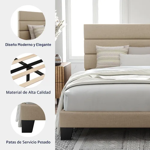 Miniatura 6 de Allewie - Base de cama de plataforma de tamaño matrimonial con cabecera tapizada de tela y soporte de listones de madera, base de colchón totalmente