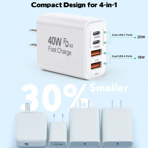 Miniatura 4 de Bloque de cargador de 40 W para iPhone 16 y 15, paquete de 2 cubos de carga rápida, 4 puertos USB tipo C de carga de pared PD&QC, adaptador de Apple