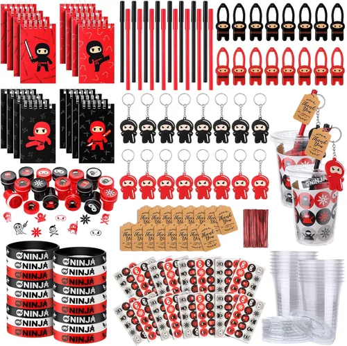 Wettarn 161 piezas de recuerdos de fiesta ninja incluyen bloc de notas de ninjas voladores, pulseras de silicona, llaveros, bolígrafo adhesivo,