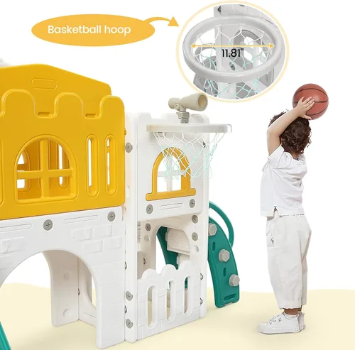 Miniatura 5 de Juego de tobogán infantil 8 en 1, juego de tobogán y escalador con pasillo, aro de baloncesto, telescopio, patio de juegos para interiores