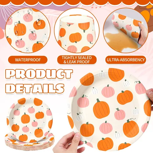 Miniatura 3 de Whaline 168 Pcs Fall Pumpkin Paper Plates Napkins Set Autumn Pink Orange A Little Pumpkin Is On The Way Disposable Tableware Cups and Cutlery for 24