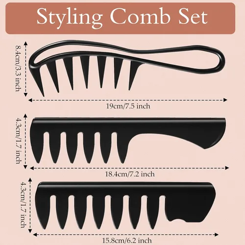 Miniatura 2 de Juego de 3 peines negros para peinar el cabello, desenredar dientes anchos, champú y peines para hombres y mujeres, adecuado para la mayoría