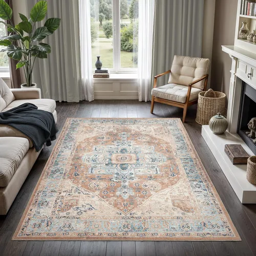 GLN Rugs Vintage Collection - Alfombra lavable a máquina, vintage lavable, antideslizante, alfombra de pelo corto, para sala de estar, dormitorio,