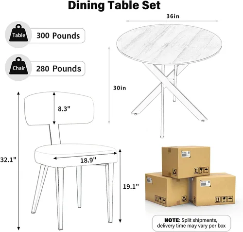 Miniatura 2 de Juego de mesa de comedor de madera para 2, mesa de cocina redonda de 36 pulgadas con 2 sillas de comedor Boucle, mesa de MDF con patas de metal
