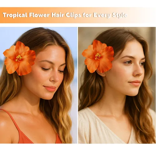 Miniatura 6 de Paquete de 3 pinzas para el cabello de flores hawaianas, 3.5 pulgadas, pinzas para el cabello de flores de hibisco tropicales para mujer, pinzas