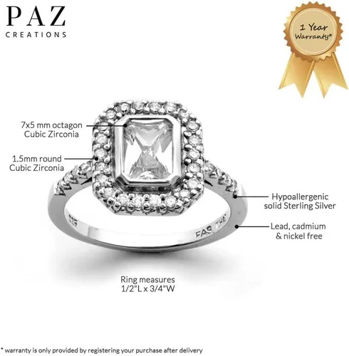 Miniatura 3 de PZ Anillo octágono de piedras preciosas, anillo de compromiso de plata esterlina