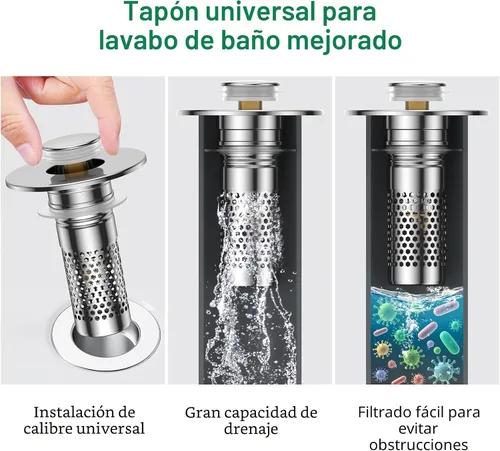 Miniatura 3 de Colador de drenaje para fregadero de baño, tapón universal emergente para fregadero atrapapelos, cesta de filtro de drenaje de acero inoxidable