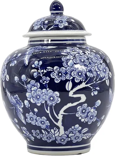 Galt International Tarro de jengibre chinoiserie floral azul oscuro de 10 pulgadas con tapa, tarro de jengibre, almacenamiento de té, decorativo,