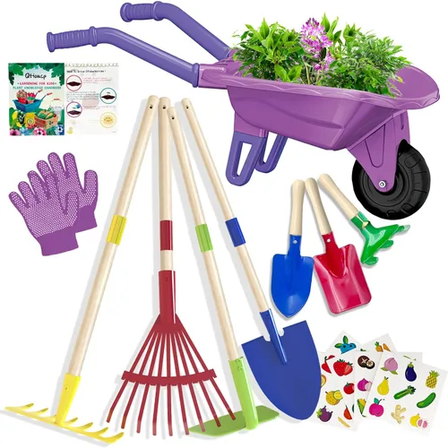 Miniatura 11 de Qtioucp - Juego de herramientas de jardinería para niños, juguetes al aire libre, juego de patio trasero con carretilla, juguetes educativos STEM