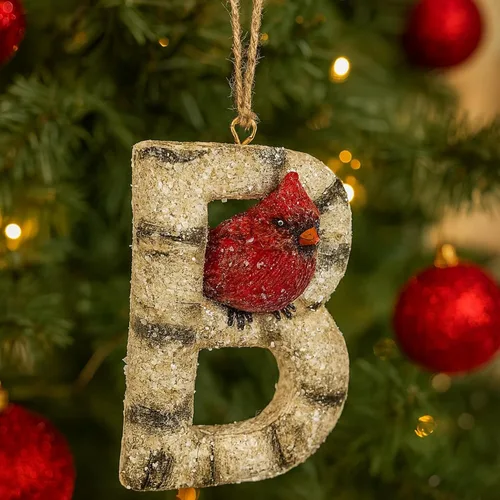 Miniatura 9 de Adorno de Navidad con letra inicial cardenal rústica, aspecto de madera de abedul, alfabeto colgante, decoración con monograma para árbol de Letra R