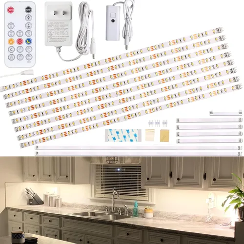 WOBANE Kit de iluminación LED para debajo del gabinete, 8 tiras de luces LED con regulador de intensidad y adaptador de control remoto, regulable