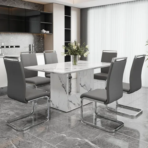Miniatura 15 de Conjunto de mesa de comedor MUUOKY para 4, mesa de cocina de 63'' y sillas para 4, conjunto de mesa gris y 4 sillas modernas, adecuado para comedor