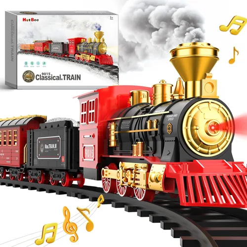 Hot Bee Juego de tren – Juguetes de tren para niños con humo, luces y sonido, pistas, tren de juguete con locomotora de vapor, coches de carga y