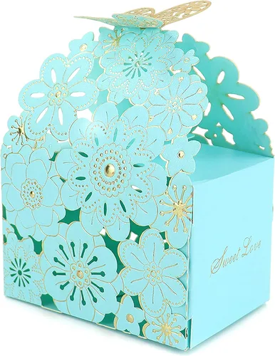 Kslong 50 cajas de dulces huecas con diseño de flores y mariposas, cajas de regalo para galletas, regalos románticos de boda, bonita caja de Azul