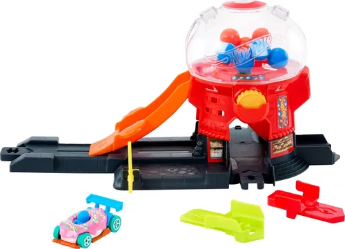 Hot Wheels Juego de Pista de Coches de Juguete, Juego de Máquina de Chicles con Vehículo en Forma de Dona Fundido a Presión a Escala 1:64 y Pista