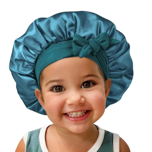 Miniatura 3 de Gorro de satén de seda para el cabello: 2 gorros para niños con banda elástica para atar y ajustar las correas ajustables para dormir y dormir