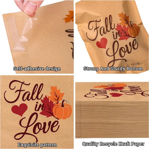 Miniatura 3 de Whaline Paquete de 100 bolsas de dulces para recuerdos de boda de otoño, bolsas de golosinas de calabaza, hojas de arce, autoadhesivas, papel kraft
