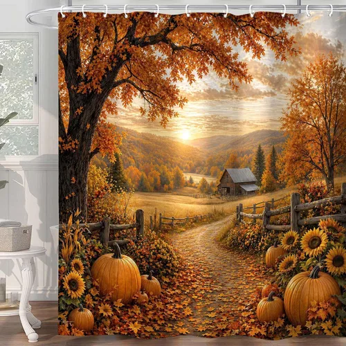 Autumn Pumpkin Shower Curtain, Fall Farmhouse Bathroom Curtain, Thanksgiving Harvest Sunflower Maple Leaves Country Road Waterproof Polyester Fabric