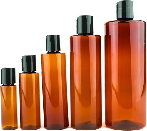 Miniatura 5 de Botellas de plástico ámbar (paquete de 12) – Botella de plástico ámbar de 1 onza con tapas de rosca; se utiliza como champú reutilizable, loción