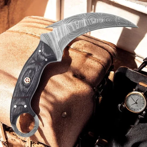 Miniatura 6 de Poshland Cuchillo Karambit de acero de Damasco hecho a mano de 9.5 pulgadas, hoja fija de espiga completa Cuchillo afilado para exteriores