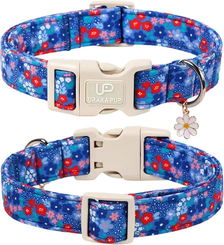 Miniatura 2 de Collar de perro floral azul, collar floral de algodón ajustable para primavera y verano con colgante de margarita, hebilla de liberación rápida