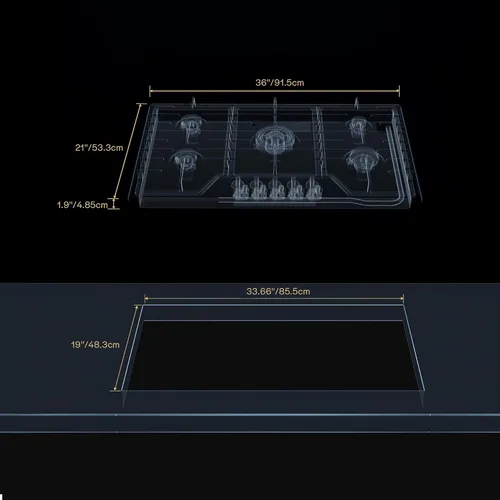 Miniatura 7 de Placa de cocina de gas de 36 pulgadas con 5 quemadores sellados, estufa empotrable de acero inoxidable con rejillas de hierro fundido aptas