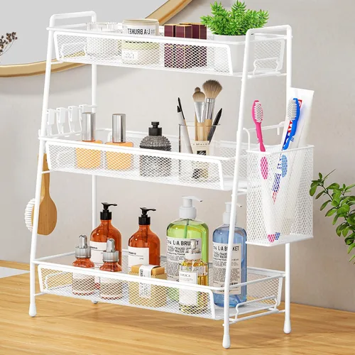 Miniatura 9 de VITVITI - Organizador de encimera de baño de 2 niveles, organizador de mostrador de baño de malla de alambre de metal con ganchos para cesta