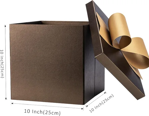 Miniatura 5 de LaRibbons Cajas de regalo grandes con tapas, 10x10x10 pulgadas, cajas de regalo cuadradas de café marrón plegables para cumpleaños, boda, Navidad