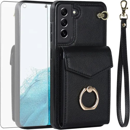 Asuwish Funda de teléfono para Samsung Galaxy S21 FE 5G Funda tipo cartera con protector de pantalla de vidrio templado y anillo de bloqueo RFID,