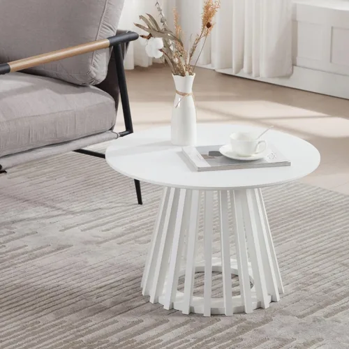 Miniatura 3 de DUOMAY Mesa de centro redonda moderna con base geométrica única, elegante mesa de madera blanca para sala de estar, oficina, salón, color blanco