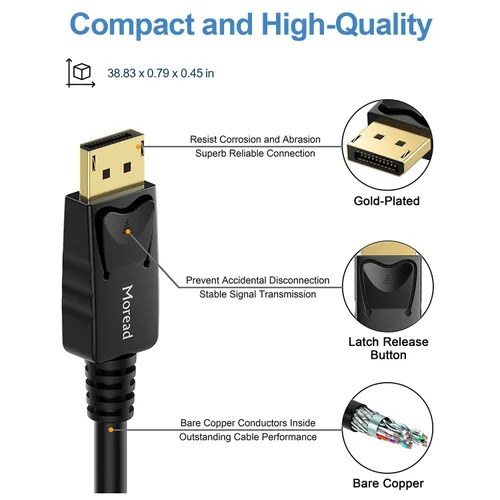 Miniatura 3 de Moread Cable DisplayPort a DisplayPort 4K, 3 pies, puerto de pantalla de alta velocidad chapado en oro, cable DP 1.2 (4K @60Hz, 2K @144Hz)
