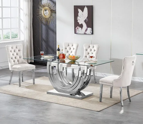 Miniatura 19 de Juego de mesa de comedor de cristal dorado moderno de 70 pulgadas para 4, juego de mesa de comedor rectangular de 5 piezas con tres patas de acero