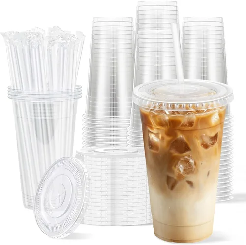 Clawsoff Paquete de 100 vasos desechables de plástico transparente de 20 onzas con tapas y popotes, a prueba de fugas, resistentes a las fugas, para