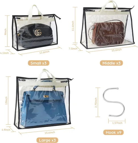 Miniatura 2 de Paquete de 9 bolsas antipolvo para bolsos, almacenamiento transparente de bolso, organizador de almacenamiento de bolsos para armario, funda
